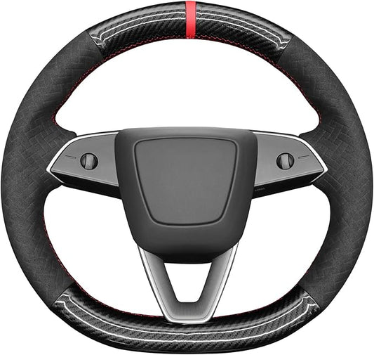 MEWANT DY Black Glossy PU Carbon Fiber Embossed Suede Steering Wheel Cover for Tesla Model3 Highland Model Y Juniper
