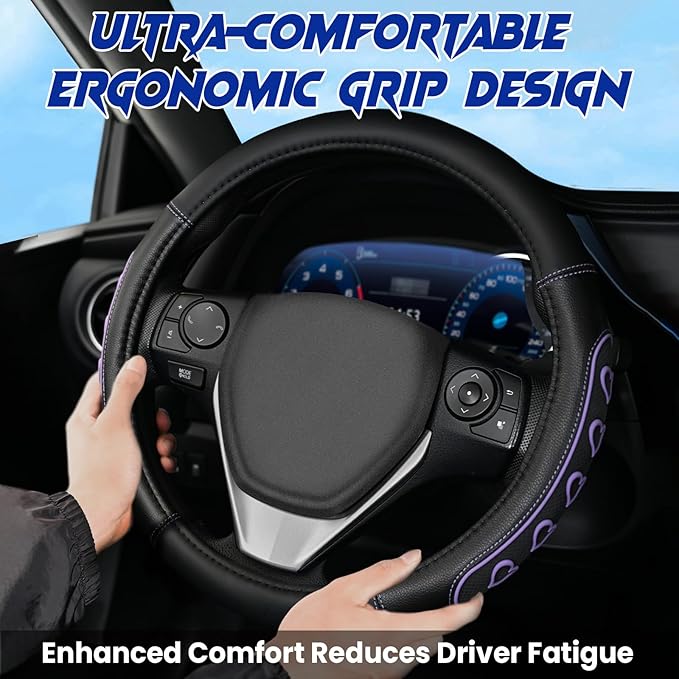 Ventilated Heart-Shaped Steering Wheel Cover with Anti-Slip Leather Grip. Compatible with Ford, Toyota, Honda, Nissan, and Chevrolet Vehicles for 14.5-15.2 inch Round Steering Wheels.