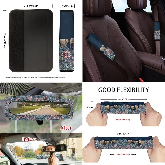 Suobstales Boho Mandala Elephant Print Car Accessories Auto Seat Covers Full Set of 13 with Steering Wheel Cover, Seat Belt Pads, Trash Can, Coaster, Rearview Mirror Cover, Keychains for SUV Van