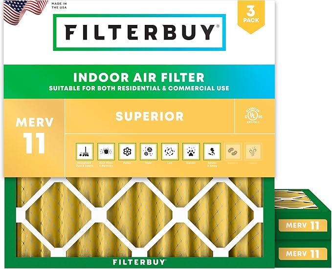 Filterbuy 18x18x2 Air Filter MERV 11 Superior Pet & Allergy Defense (3-Pack), Electrostatic Pleated HVAC AC Furnace Filters Replacement (Actual Size: 17.75 x 17.75 x 1.75)