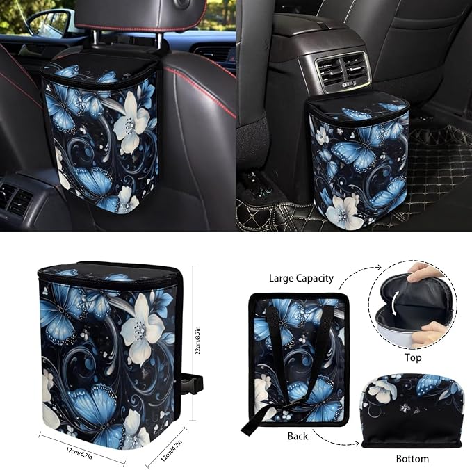 Blue Butterfly Car Seat Covers Full Set for Women Floral Car Accessories Steering Wheel Cover Seatbelt Pad Coasters Trash Bag Rearview Mirror Cover Keychain