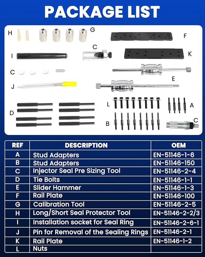 DPTOOL EN-51146 Fuel Injector Puller Removal Tool Rail Assembly Replacer Master Tool Kit Injector Seal Installer Tool Set Compatible with GM Opel Buick Vauxhall MG 1.0L 1.4L 1.5T LFVI 1.5 LG3 1.6L SGE