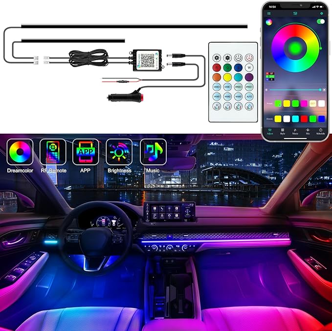Jushope Interior Car LED Strip Lights, Acrylic LED Lights for Car with Dynamic Dreamcolor Chasing, Ambient Lighting Kits Music Sync Wireless APP and RF Remote Control (43.5+14.5'')