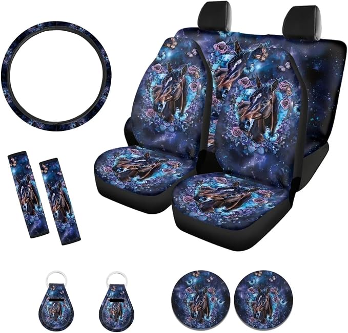 Suobstales Galaxy Horse Flower Print Car Seat Cover for Women Full Set SUV Interior Accessories Front/Back Bench Bucket Seat Cover,Steering Wheel Cover,Seat Belt Cover,Cup Holder Coasters,Keychain