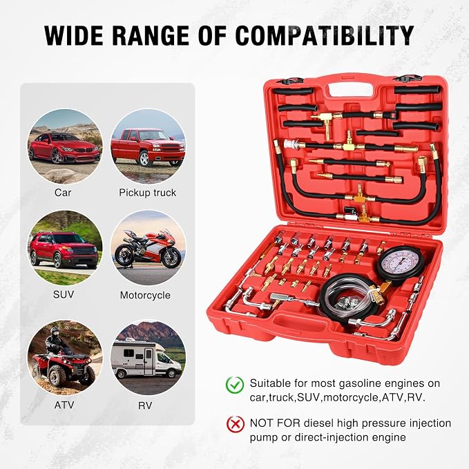 Nilight Fuel Injection Pressure Tester Kit, 0-140 PSI Fuel Pressure Gauge Master Automotive Test Tool for Most Car Truck Motorcycle SUV ATV RV