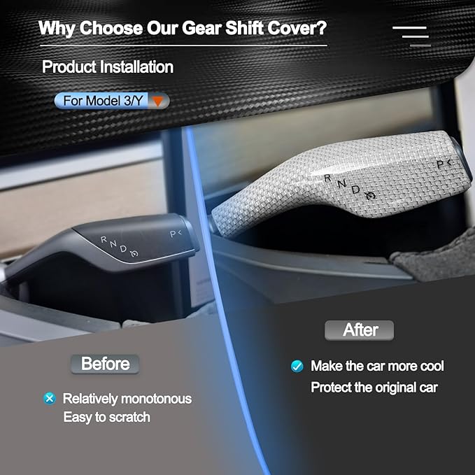 Carbar Fit for Tesla 3/Y Carbon Fiber Steering Lever Cover Real Column Gear Shift Knob Cover Wrap Decoration Interior Accessories (2Pcs White Glossy Carbon Fiber)