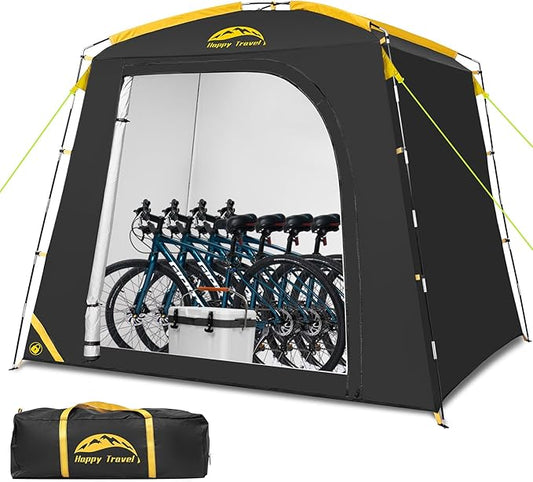 Happy Travel Bike Storage Shed Tent, Waterproof Portable Bike Cover with 40% More Top Space for 2/3/4/5 Bikes,Clips Easy Setup Sheds Shelter with Lockable Bicycle Design for Garden Tools, Lawn Mower