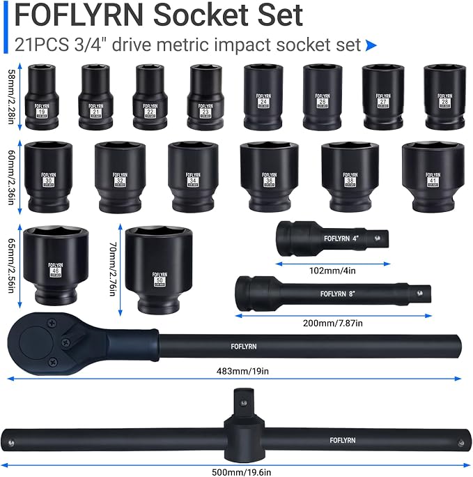 3/4" Drive Impact Socket Set,6-Point Metric Socket Set (19-50mm),21PCS Cr-Mo Material High Durability Heavy Duty Jumbo Deep Socket Set with Ratchet Wrench,Sliding Bar,Extension Bar and Storage Case.
