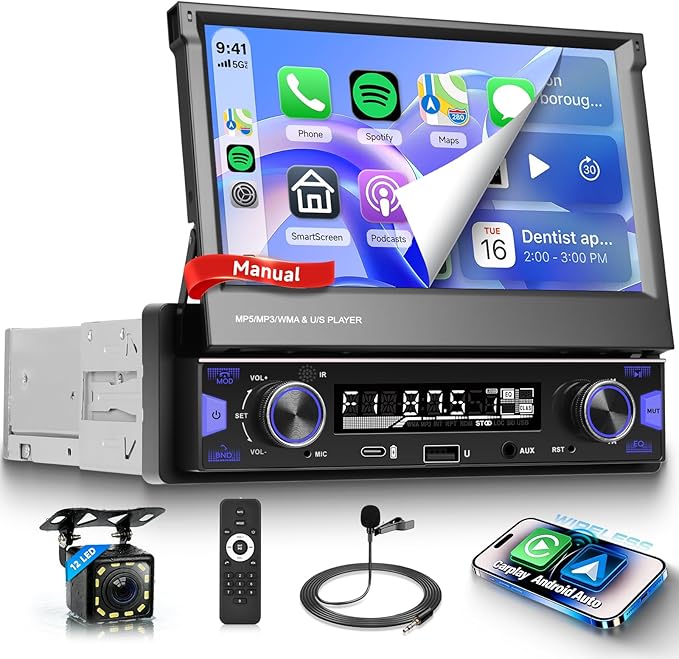Single Din Flip Out Touchscreen Radio with AM/FM/RDS Wireless Carplay & Android Auto, Sellrich 7" Single Din Flip Out Touchscreen Car Stereo with BT SWC Backup Camera Mirror Link USB/AUX/Type-C