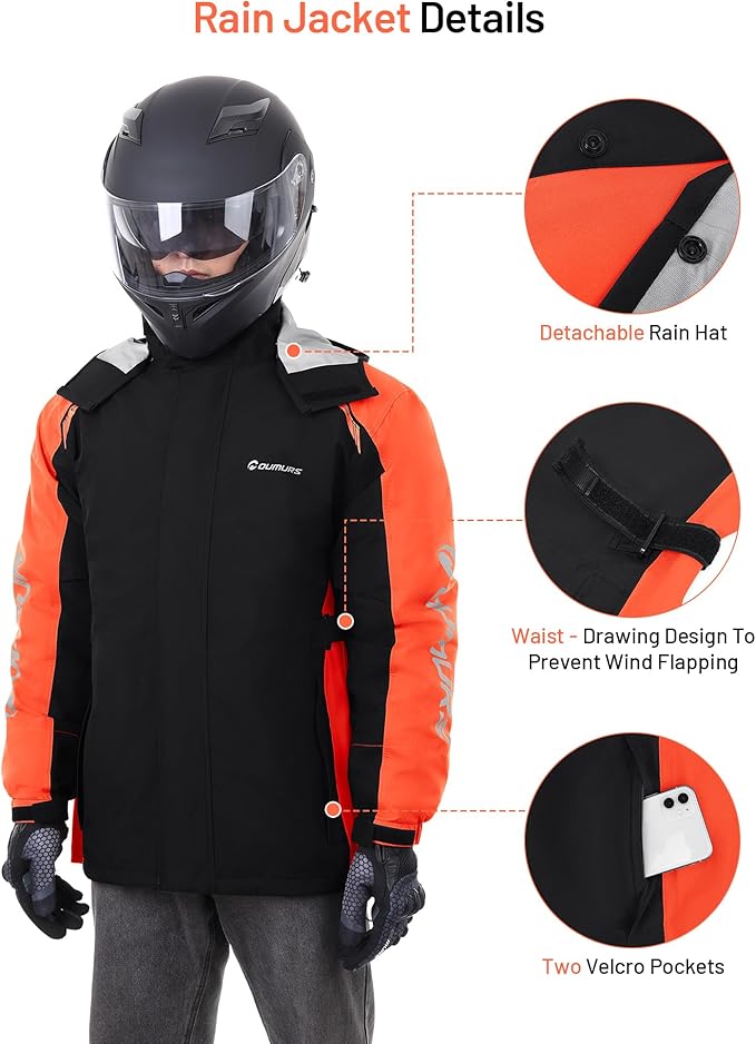 Oumurs Motorcycle Rain Suit - Waterproof Jacket & Pants for Men & Women, Lightweight Nylon, Reflective, Multi-purpose for Riding, Fishing, Golf, Hunting, Camping