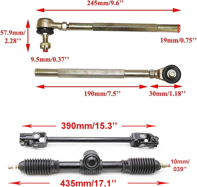 PRO BAT Go Kart 270mm/10.6'' Front Steering Wheel Assembly 420mm/16.5'' Gear Rack Pinion Adjustable Shaft Tie Rod Kit for 50cc 70cc 90cc 110cc 125cc 140cc 150cc Go Cart Golf UTV Buggy ATV