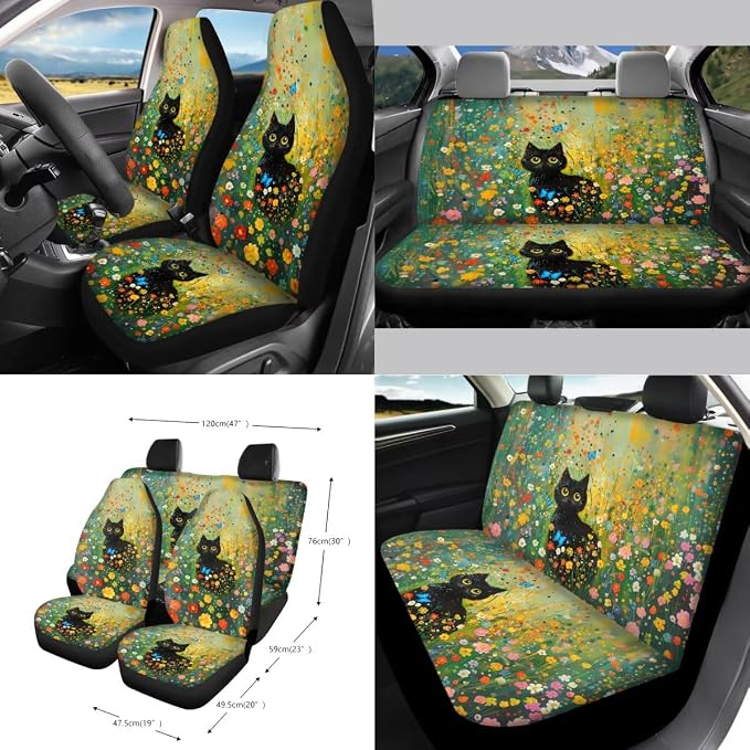 Cat Floral Butterfly Print Car Seat Cover Set Steering Wheel Covers Seat Belt Strap Cover Garbage Cans Air Vent Storage Holder Rear View Mirror Covers Coasters Key Chain, 15 Pack