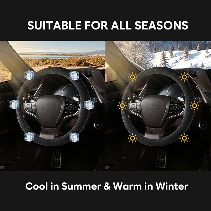 Suede Steering Wheel Cover with Upgraded Silicone Inner Ring, Breathable, Anti-Slip, Leather Universal 14.5 to 15 Inch Steering Wheel Cover (Black with Handwoven Craft)