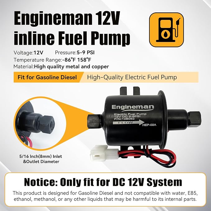 Universal Electric Fuel Pump Kit 12V 5-9 PSI Low Pressure with Fuel Filters 6 Hose Clamps 6.56 FT 5/16" ID Fuel Line Replacement For Carburetor Lawn Mower Gas Diesel Transfer Pump