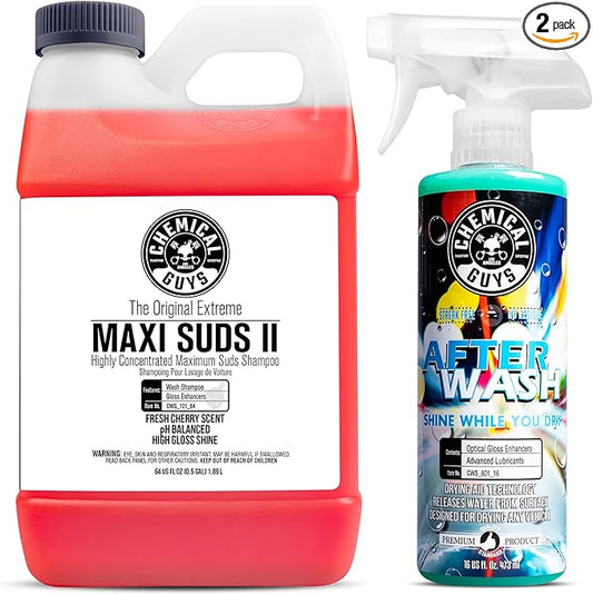 Chemical Guys CWS_101_64A Car Wash, Dry & Shine Bundle - Maxi-Suds II Foaming Car Wash Soap, 64 oz (Half Gallon), Cherry Scent + After Wash Gloss Boosting Drying Aid (16 oz) (2 Items)