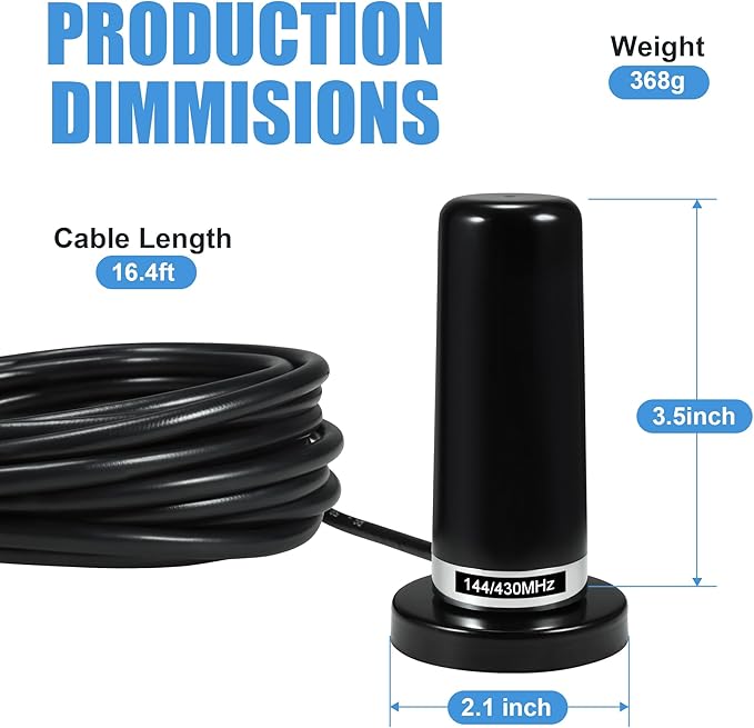 BASIKER 3 Inch Vehicle Mobile Ham Radio Antenna Dual Band VHF UHF 136-174MHz 400-470MHz, NMO Magnetic Base Mount SO239 PL-259 Plug 16.4ft RG58 Coaxial Cable, CB Radio Antenna Truck Car Accessories
