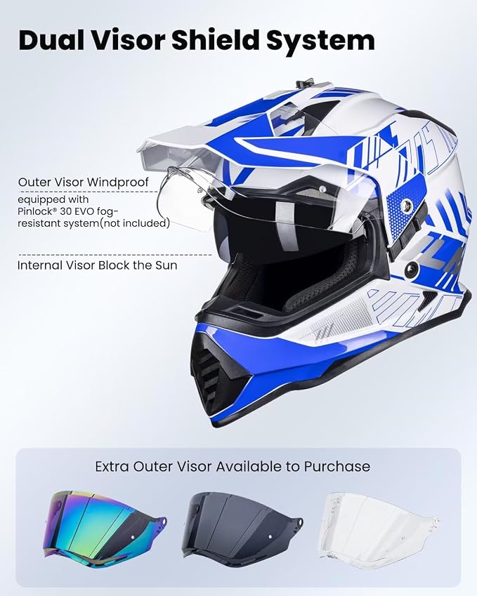 ILM Dual Sport Adventure Motorcycle Helmet with Pinlock Compatible Sun Visor Snowmobile ATV Dirt Bike Off Road Casco Model WS902 (Blue White, 2XL)