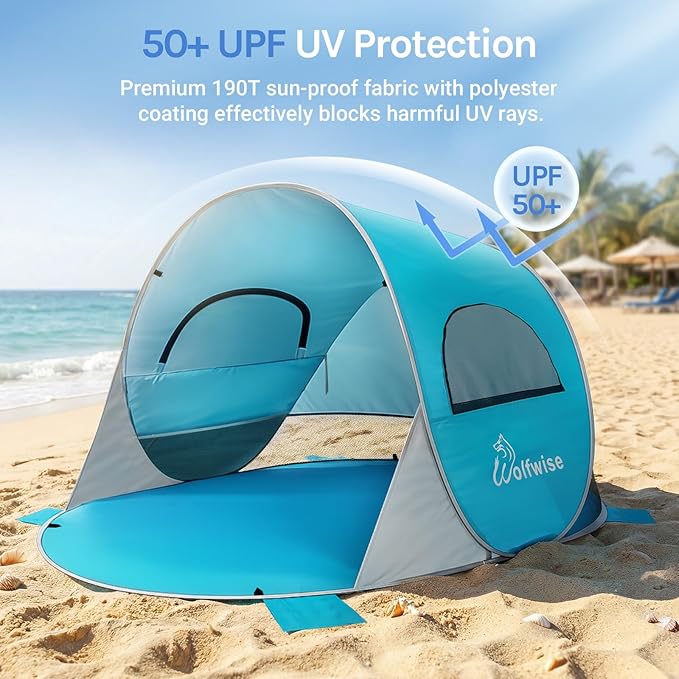 Wolfwise Pop up Beach Tent Sun Shelter with UPF50+ UV Protection, Instant Easy Setup Popup Beach Shade Canopy for 2 Person, Portable & Foldable with Carring Bag, 79 ×49×38 in, Blue