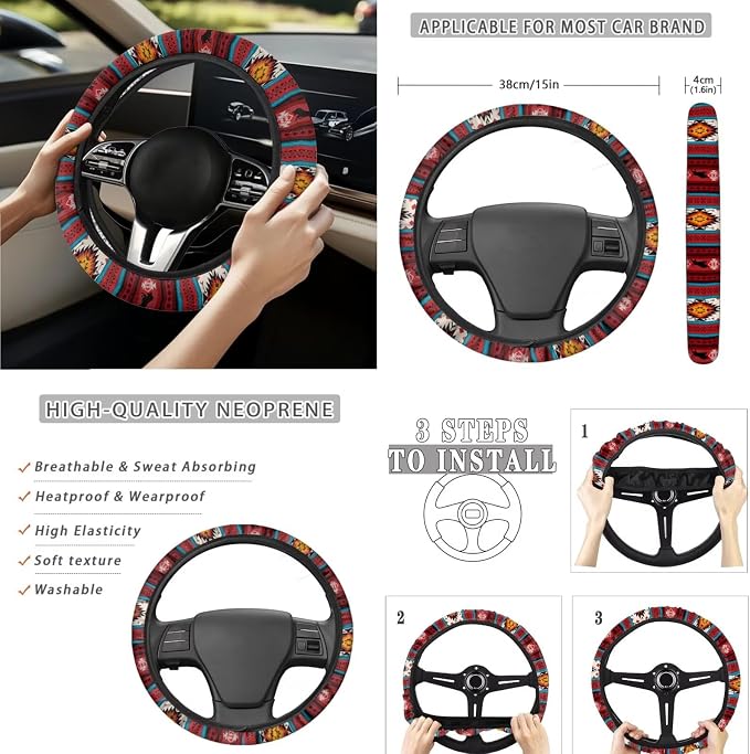 Wolf Tribal Aztec Car Seat Covers Set of 15 with Universal Steering Wheel Cover, Rearview Mirror Cover, Car Trash Can, Seatbelt Pads, Cup Holder Coasters, Keychains