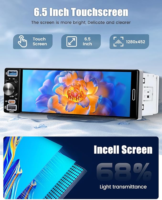 [Double USB] Single Din 1280*452 Incell Touchscreen Radio Wireless Apple Car Play, 6.5 inch Single Din Bluetooth Radio with FM/AM/RDS, EQ Settings, Type-C Port, Bluetooth, Mirror Link + Backup Camera
