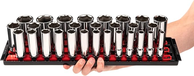 TEKTON 1/2 Inch Drive Deep 6-Point Socket Set with Rails and Tray, 29-Piece (10-38 mm) | SHD92125