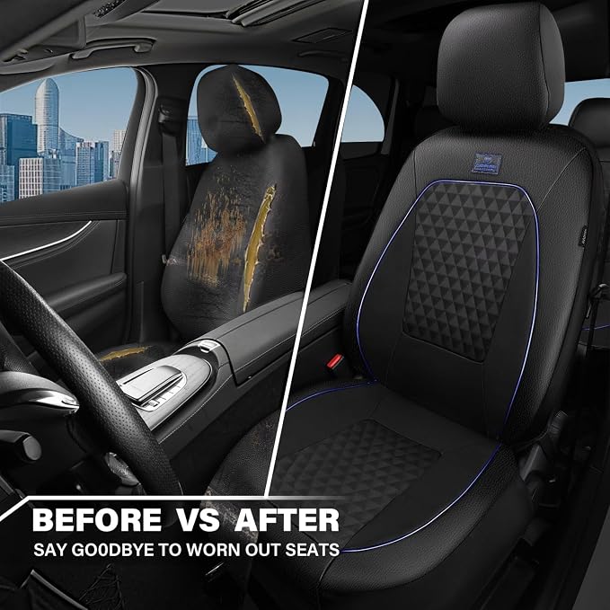 Outlet Leather Car Seat Covers Gel Wetsuit PU Front Seat Cover Waterproof EVA 2pcs All Weather Neoprene Universal Fit Pickup SUV Truck Sedan Automotive, Armrest Airbag Compatible, Rhombic Blue Strip
