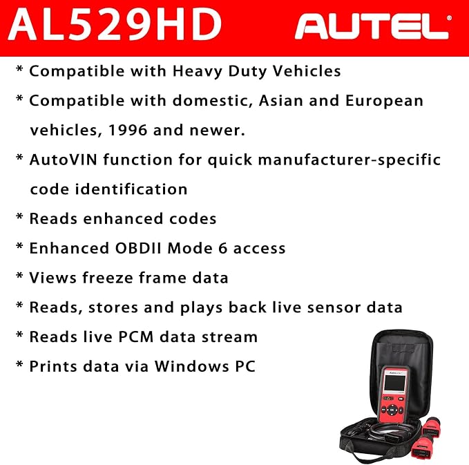 Autel AutoLink AL529HD OBD2 Scanner with Screen Wiper 2025 Heavy Duty Code Reader Retrieve Code VIN O2 Sensor Test OBDII Monitor Test Review Read Erase Data View Live Data Freeze Frame Data