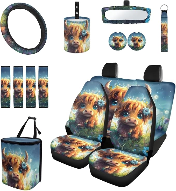 Moon Baby Highland Cow 15 PCS Car Seat Cover Set, with Steering Wheel Seat Belt Cover Rear View Mirror Cover Coaster Trash Cans Keychain Universal Fit