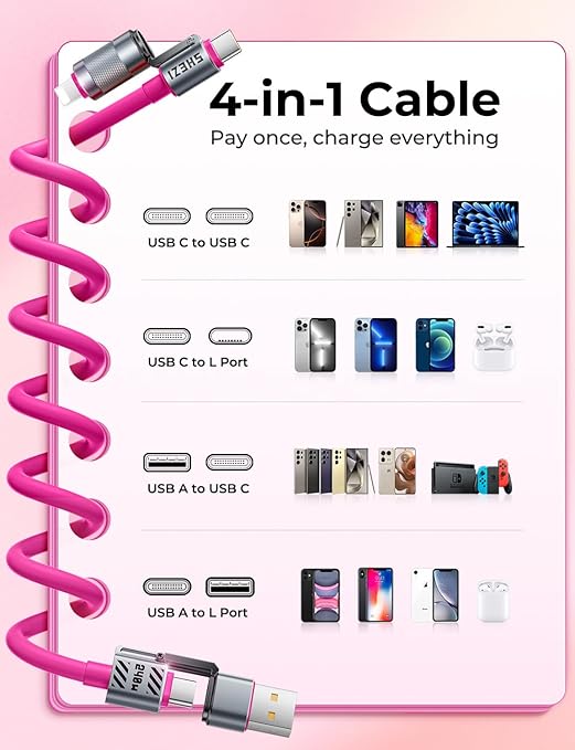 Coiled Pink Cable 4-in-1 USB C Cable 240W Compatible with Lightning Cable Fast Charging & Data Transfer, Support to CarPlay & Android Auto, 5FT Multi Cord Combo Charger for iPhone/iPad