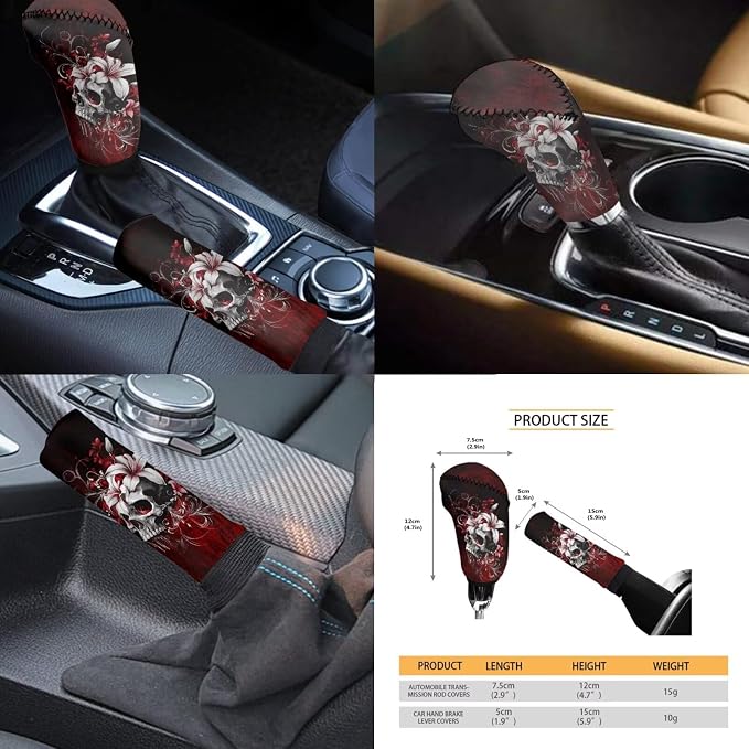 KEIAHUAN Gothic Skull Flower 11 Pcs Car Seat Cover Full Set Includes Shift Knob Handbrake Cover Steering Wheel Armrest Cover Headrest Covers Cup Coasters for Women