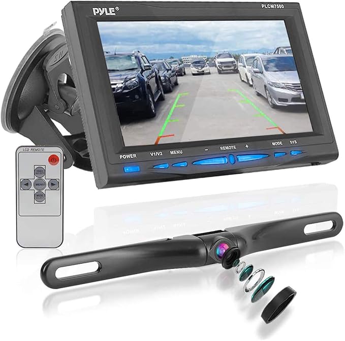 Pyle Rear View Backup Car Camera - Screen Monitor System w/ Parking and Reverse Assist Safety Distance Scale Lines, Waterproof & Night Vision, 7" LCD video Color Display for Vehicles - Pyle PLCM7500