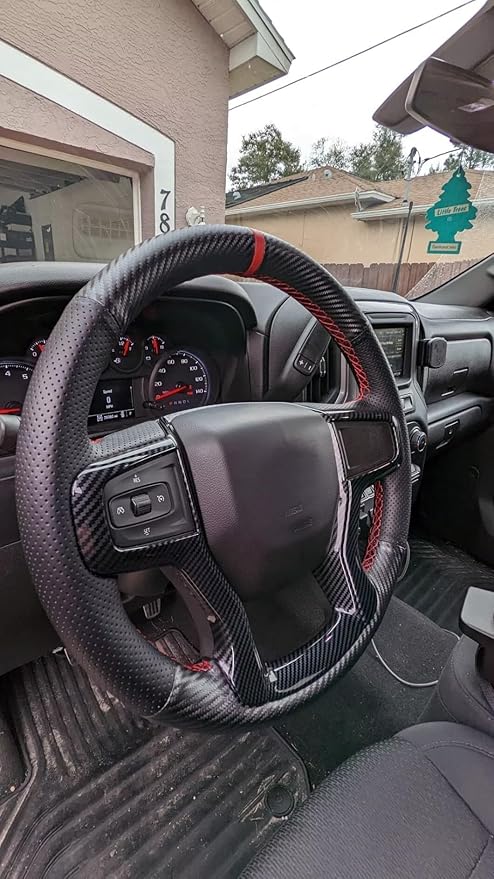 Leather Carbon Fiber Steering Wheel Cover for Chevrolet Blazer Silverado (1500) 2019-2025 / Silverado (2500/3500) 2020-2025/ Suburban Tahoe 2021-2024 Custom Stitched Interior Accessories