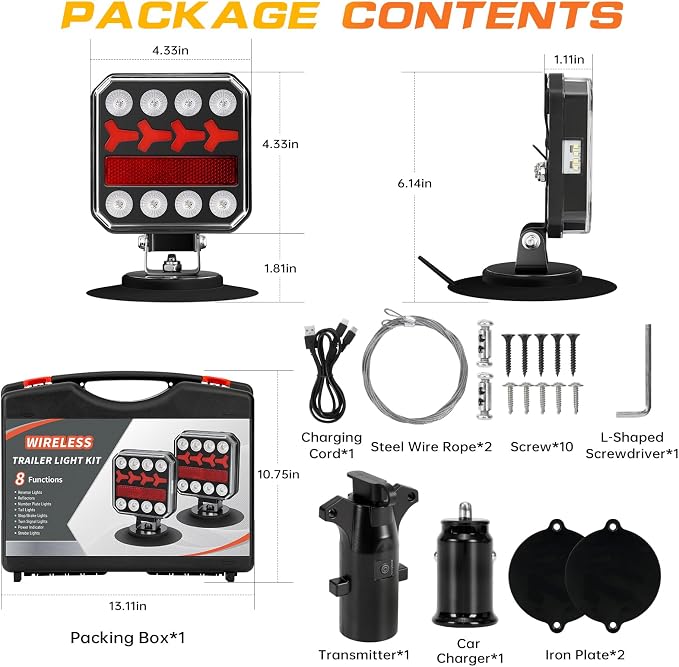 Wireless Trailer Lights, Rechargeable Magnetic LED Trailer Lights with Reverse Light, Portable Wireless Tow Tail Light Kit for Trucks, Boats, RVs, Campers