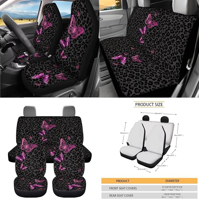 Dreaweet Black Leopard Print Car Seat Covers Full Set Purple Butterfly Car Accessories Steering Wheel Cover Seatbelt Covers Trash Bin Rear View Mirror Cover Cup Holders Keychain Air Vent Storage Pouch