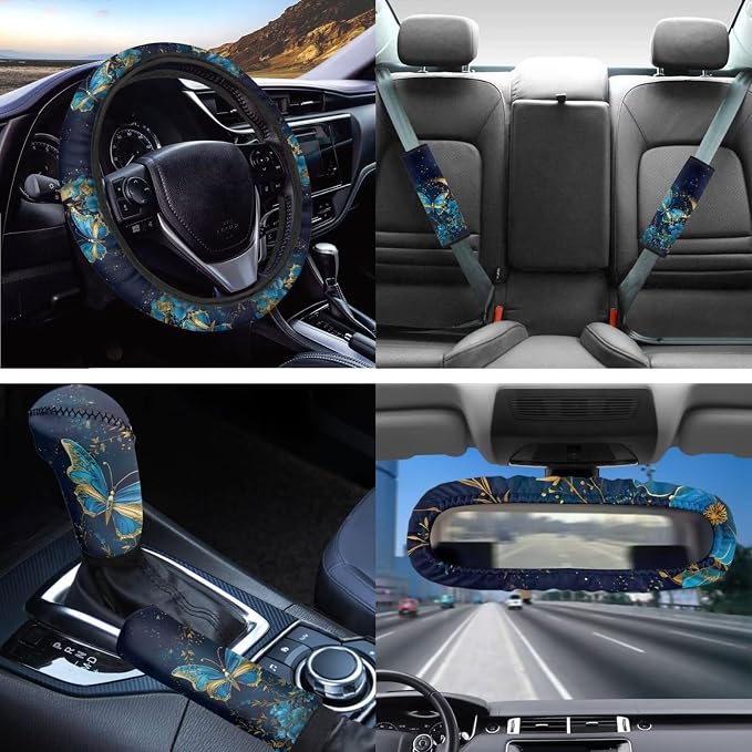 14 Pcs Car Seat Covers Butterfly Full Set for Women,Moon Flower Butterfly Auto Seat Cushion+ Steering Wheel Protector+ Coaster+Keychain+Seatbelt Pad+Handbreak Gear Shift Accessories