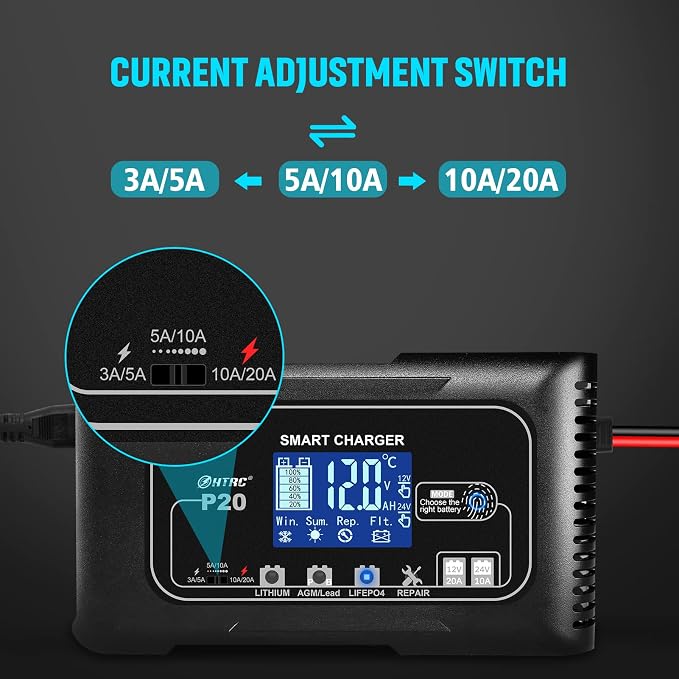 Smart Battery Charger 20A 12V/24V Fully Automatic Maintainer, Trickle Charger/Desulfator with Overcharge Protection & Temperature Compensation for LiFePO4 Lead Acid Lithium Batteries