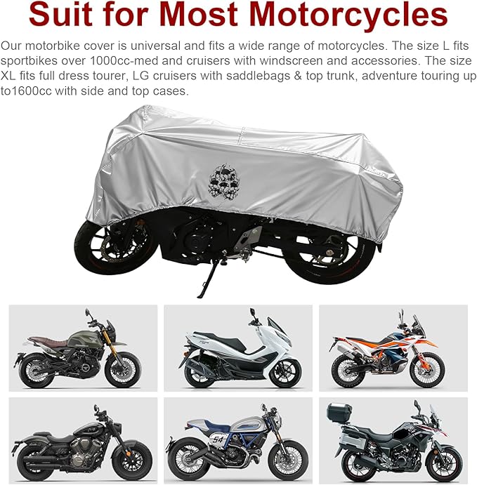 Dream Apparel Motorcycle Half Cover, Waterproof Motorcycle Cover for Outdoor, Rain Snow Dust Protection Universal Fit Heavy Duty Motorbike Vehicle Cover with Storage Bag, Silver with Skull XL