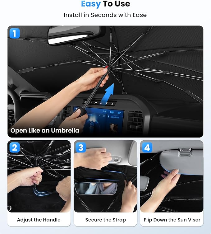 Zanch 2026 Upgraded Car Windshield Sun Shade [Cool Down by 75℉ ] with Heat Insulation Coating, Foldable Sunshade Umbrella Flexible Handle & Ribs, Medium (57''x32'') for Car, SUV, Truck, Van