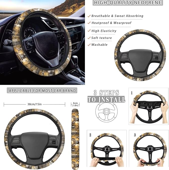 KEIAHUAN Car Seat Cover Full Set 11 Pieces Deer Hunting Camouflage with Stretchy Steering Wheel Cover,Headrest Cover,Gear Shift Knob Cover & Handbrake Cover,Coasters,Fit Most Van Sedan Truck SUV