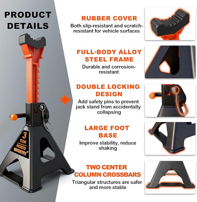 3 Ton (6,600 LBs) Jack Stands with Crossbars,Double Pin Locking,Rubber Cover,Large Foot Base,12"-16" Adjustable Height,Heavy Duty Car Jack Stands,Lifting SUV,MPV,Pickup Truck,ATV/UTV,2 Pack