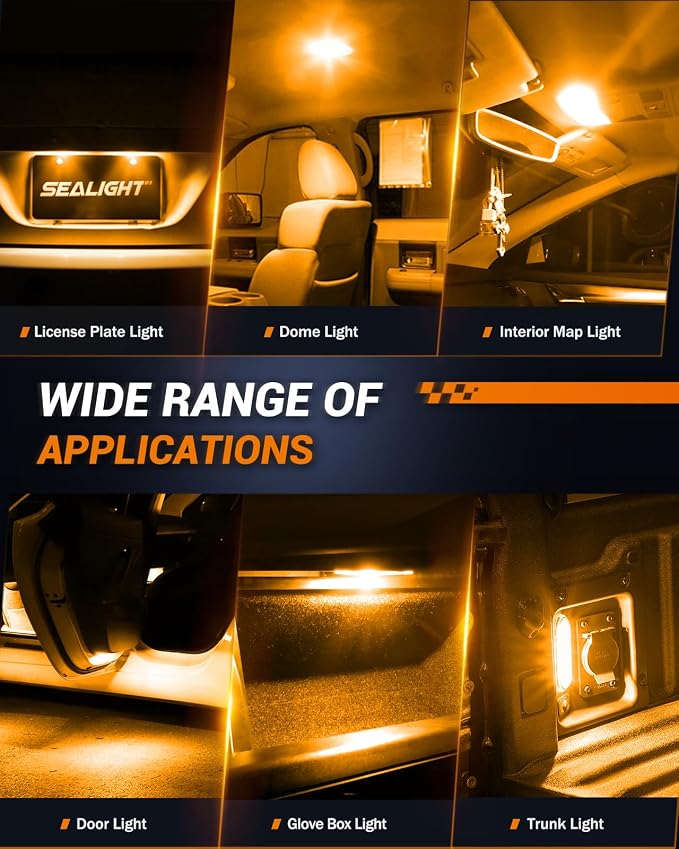 SEALIGHT 194 LED Bulb 2000K Amber 168 T10 2825 W5W 600% Brightness Wedge Interior Car Bulbs Replacement for License Plate Lights Dome Map Door Courtesy Trunk Parking, 10 PCS