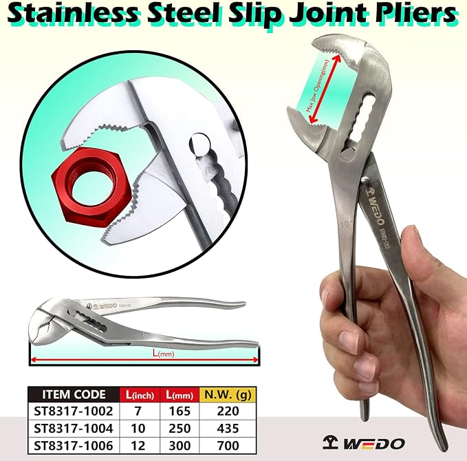 WEDO Slip Joint Pliers,10-inch Tongue and Groove Pliers,Stainless Steel V-Jaw Groove Joint Pliers,Length 250mm(10"),Quick Release Water Pump Pliers,Corrosion Resistant
