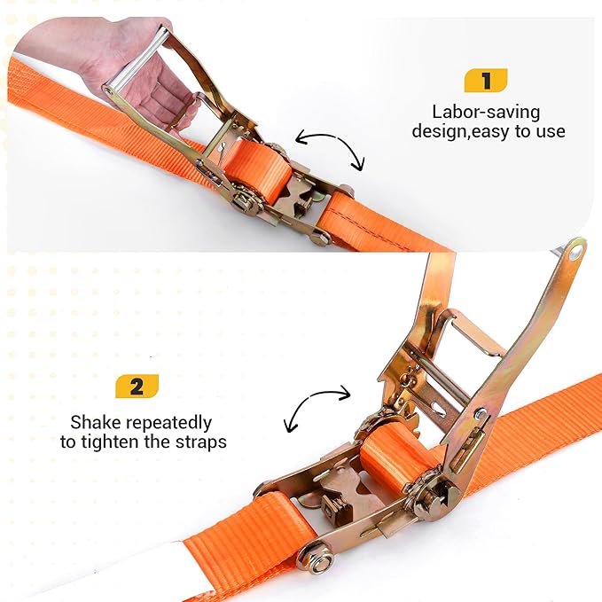 Heavy Duty Ratchet Straps, Corrosion-Resistant Ratchet & Fully Coated S Hooks - for Motorcycle Truck Cargo Tie Downs, 2" x 20ft - 4-Pack (Orange)
