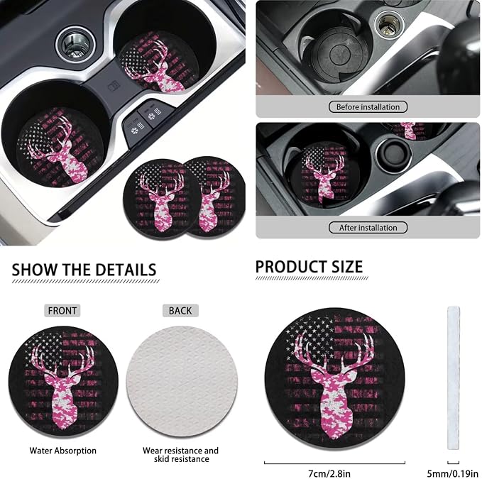 KEIAHUAN Camo Deer Hunting Car Seat Cover Set of 11 Pieces with Handbrake and Gear Shift Knob Cover,Steering Wheel Cover,Cup Coasters Auto Interior Accessories for SUV,Sedan,Truck,Van, Pink