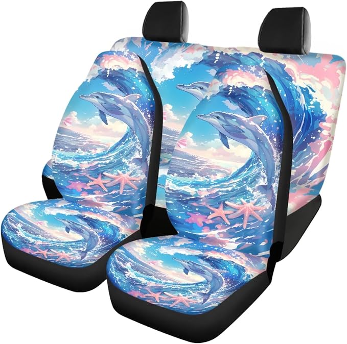Spray Dolphin Car Interior Accessories Set of 18, Car Seat Covers Full Set with Steering Wheel Cover Floor Mats Armrest Pad Seat Belt Pads Roof Handle Wraps Cup Coaster Keychain