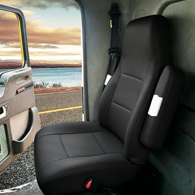 Heavy Duty Seat Covers for Kenworth T680 T880 W990 2015-2025, Custom Fit Front Truck Seat Cover with 17" Armrest, PU Leather with Non-Slip - Black