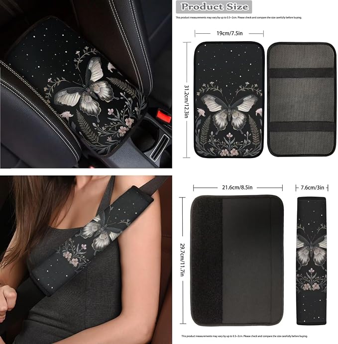 Lavender Moth Moon Floral Car Seat Covers Full Set 15 Pcs Universal Car Accessories Steering Wheel Cover Seat Belt Pads Garbage Bag Car Headrest Pillow Covers Armrest Pad