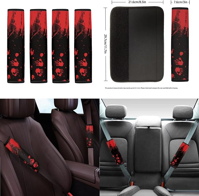 Bloody Hand Print Full Seat Covers for Cars, Universal Decorative Headrest Covers Steering Wheel Cover Safety Belt Pad Armrest Cushion Gear Lever Cover Handbrake Protector, etc
