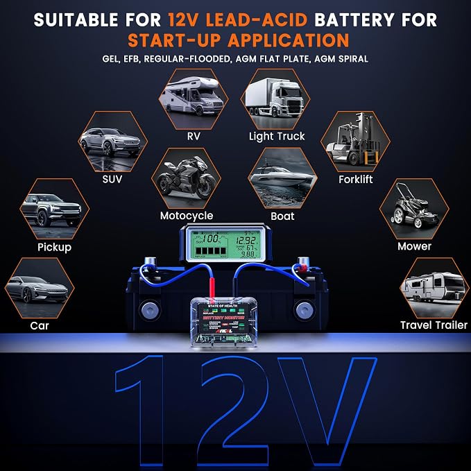 ANCEL BM200 PRO 12V Car Battery Monitor, 433MHz Wireless Transmission Battery Tester with Cranking Charging Test, Voltage & Temperature & Alarm Real-Time Monitoring for Car, Motocycle, RV, Truck, Boat