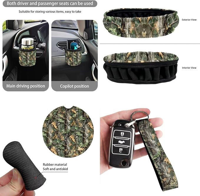 Dreaweet Camo Hunting Seat Covers for Cars Full Set Universial Steering Wheel Cover Seat Belt Pads Trash Bag Vent Storage Pouch Rear View Mirror Cover Car Coasters Keychain 15 Pcs Set